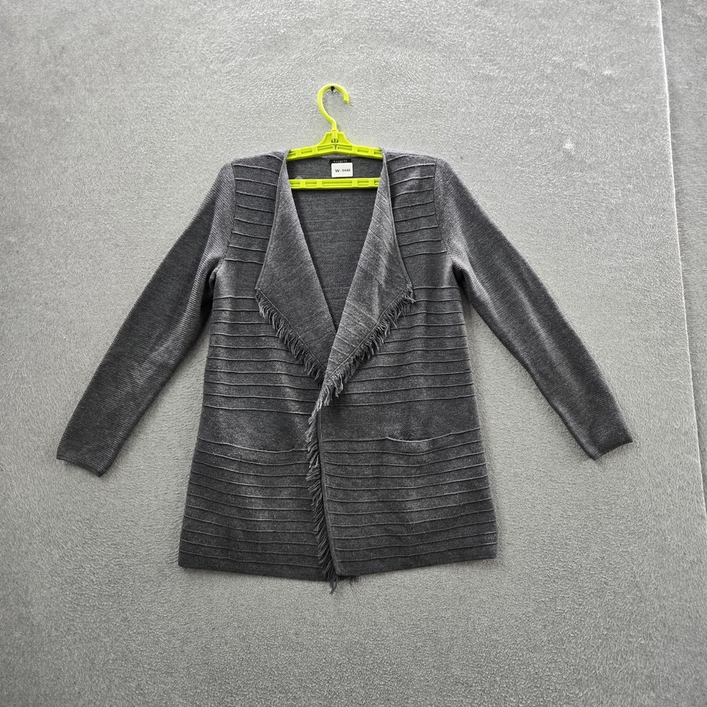 Talbots Women Sweater SP PETITES Gray Open Front Cardigan Fringe Merino Wool